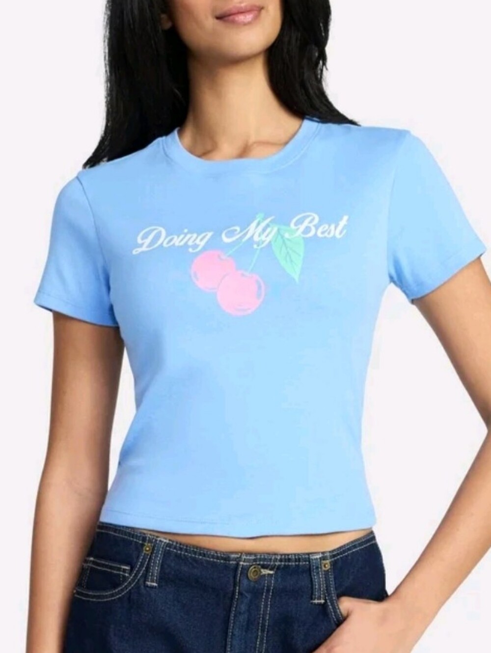 Doe Light Blue 'Doing My Best' Cherry Graphic Tee - Size Small NWT